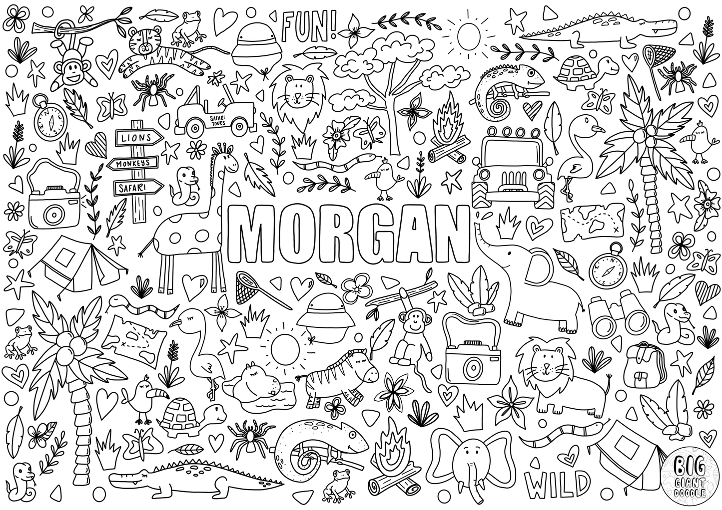 On Safari - Personalized, Reusable Colouring Poster